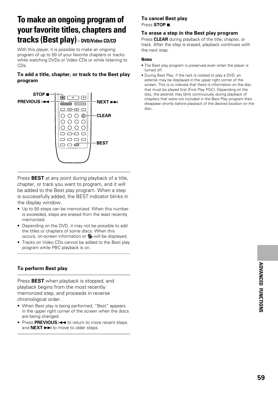To make an ongoing program of your favorite, Titles, chapters and tracks (best play) | Pioneer DV-F07 User Manual | Page 59 / 80
