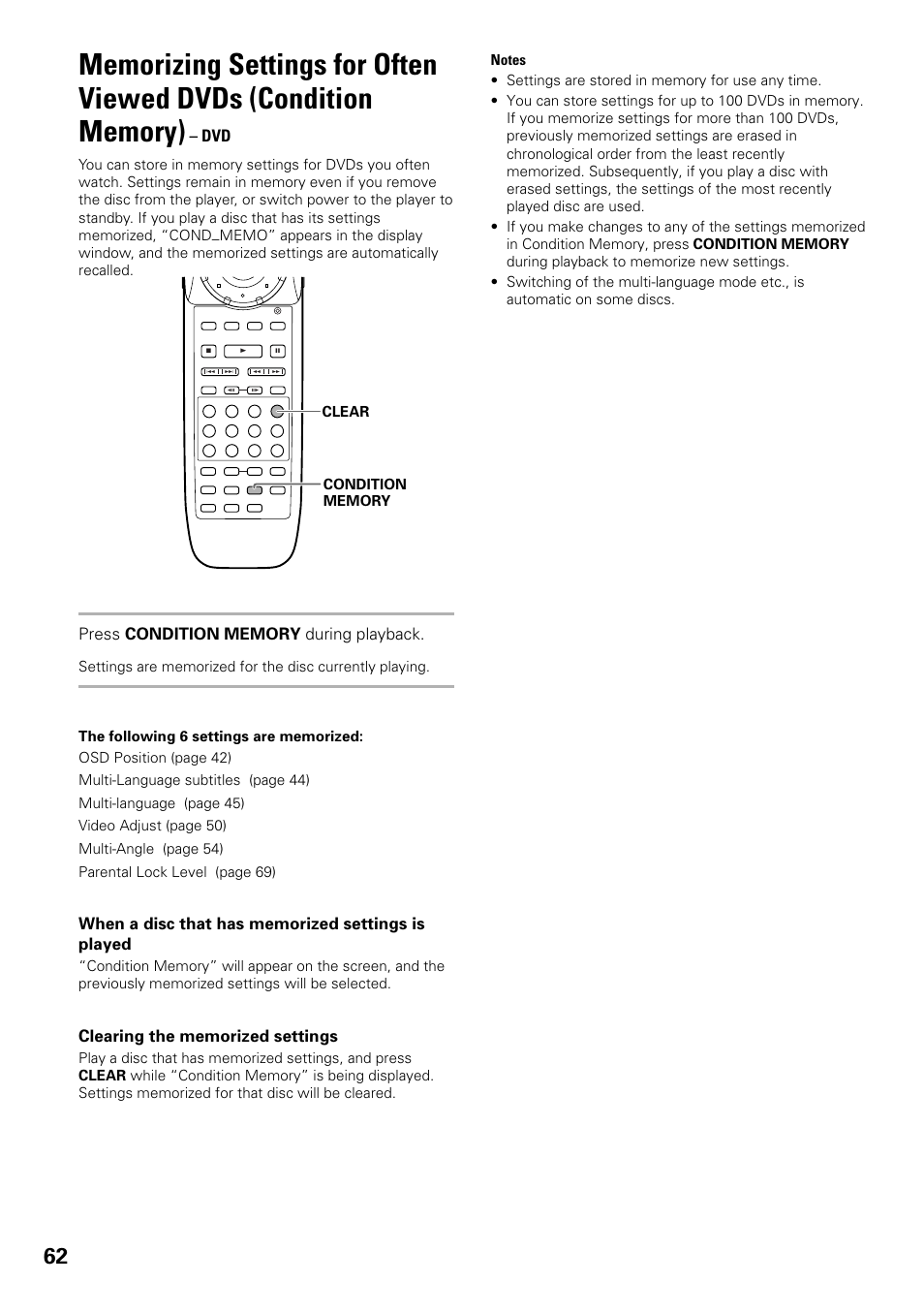Memorizing settings for often viewed, Dvds (condition memory) | Pioneer DV-F07 User Manual | Page 62 / 80