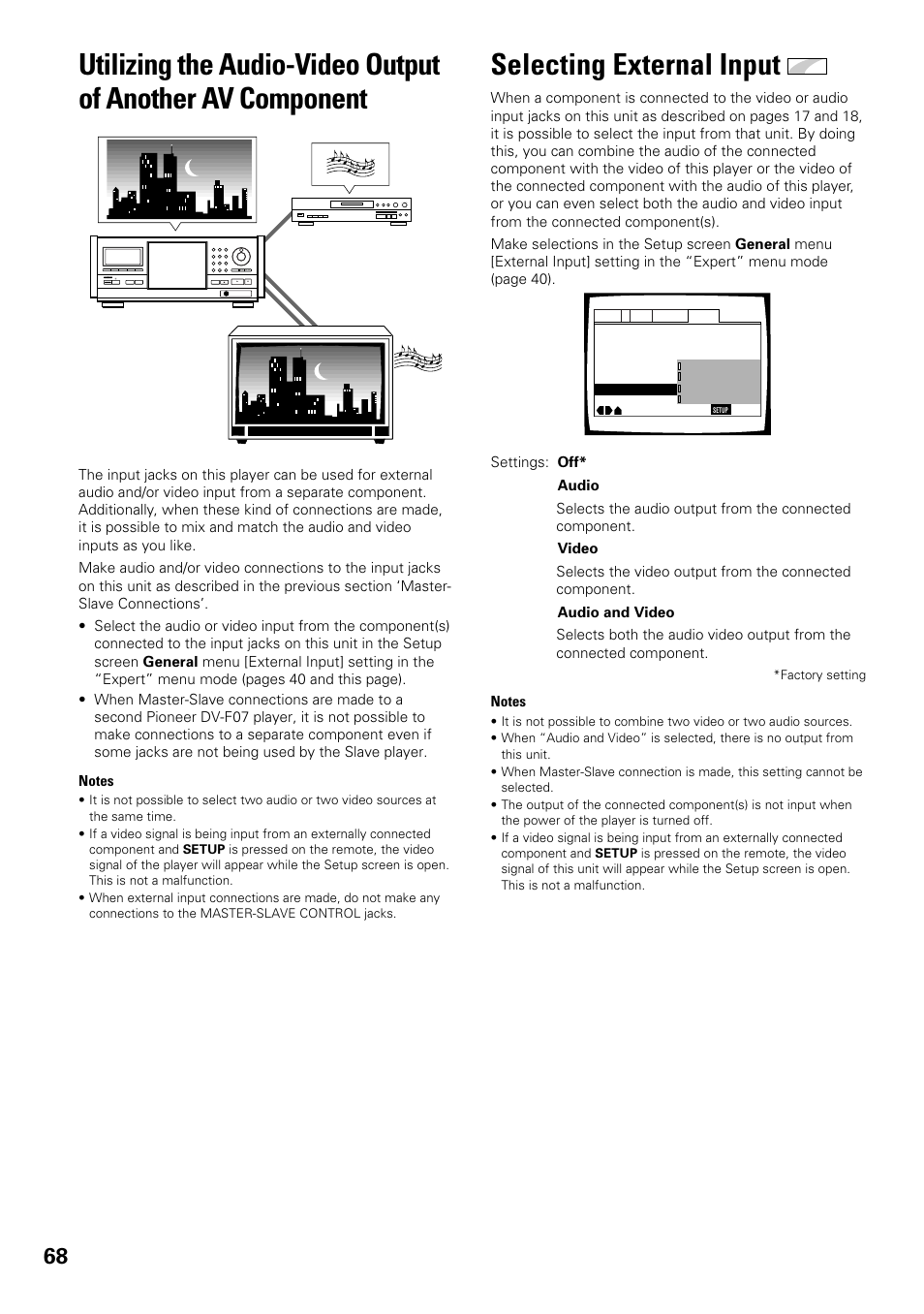 Utilizing the audio-video output of, Another av component, Selecting external input | Pioneer DV-F07 User Manual | Page 68 / 80