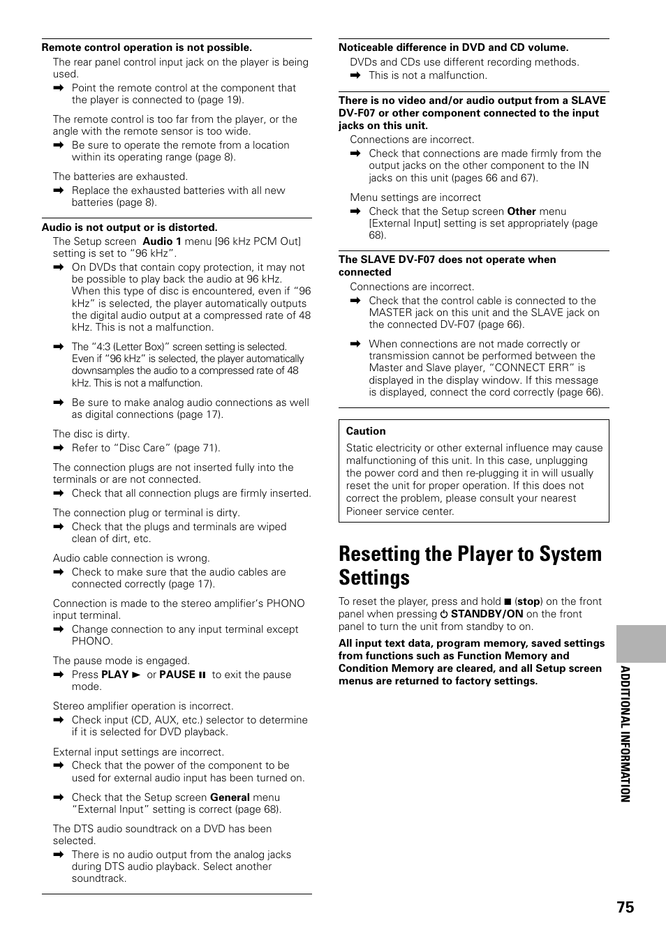 Resetting the player to system settings | Pioneer DV-F07 User Manual | Page 75 / 80