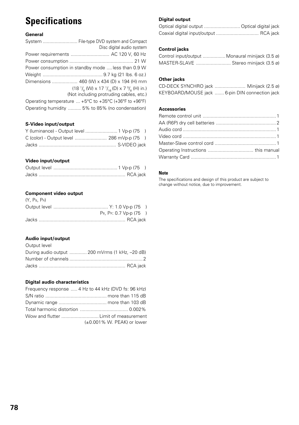 Specifications | Pioneer DV-F07 User Manual | Page 78 / 80