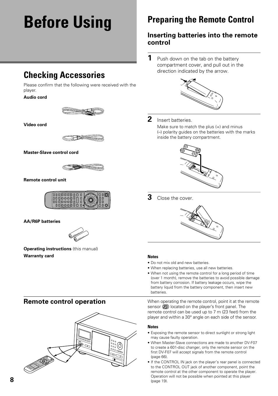 Before using, Checking accessories preparing the remote control, Preparing the remote control | Checking accessories, Inserting batteries into the remote control, Remote control operation | Pioneer DV-F07 User Manual | Page 8 / 80