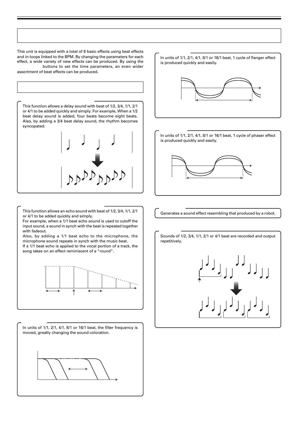 Effect functions, Types of beat effects | Pioneer DJM-400 User Manual | Page 10 / 16