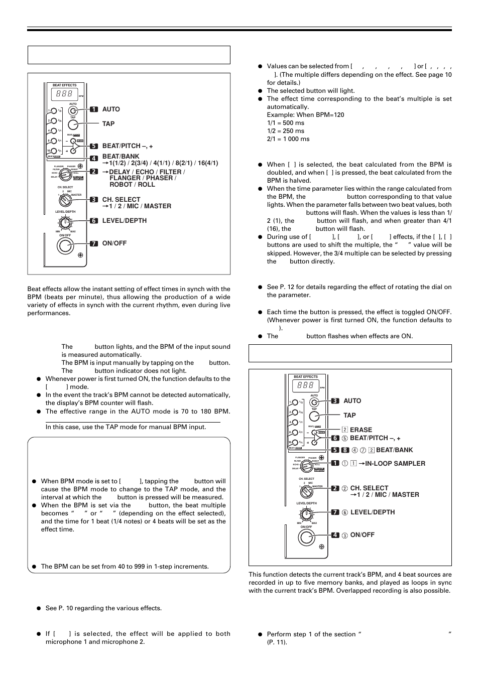 Producing beat effects in-loop sampler, Producing beat effects, In-loop sampler | Using the tap button for manual bpm input, Using the beat/pitch buttons for manual bpm input, Set the on/off button to on | Pioneer DJM-400 User Manual | Page 11 / 16