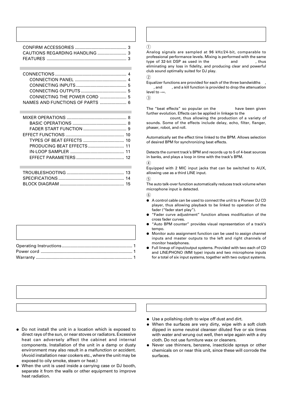 Cautions regarding handling, Contents confirm accessories, Features | Location, Cleaning the unit | Pioneer DJM-400 User Manual | Page 3 / 16