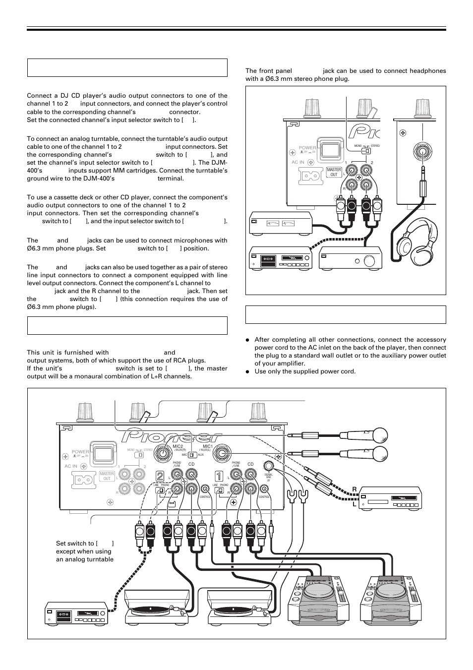 Connecting inputs, Connecting outputs, Connecting the power cord | Connections, Pioneer dj cd players, Analog turntable, Connecting other devices with line level output, Microphone, Auxiliary input connectors, Master output | Pioneer DJM-400 User Manual | Page 5 / 16