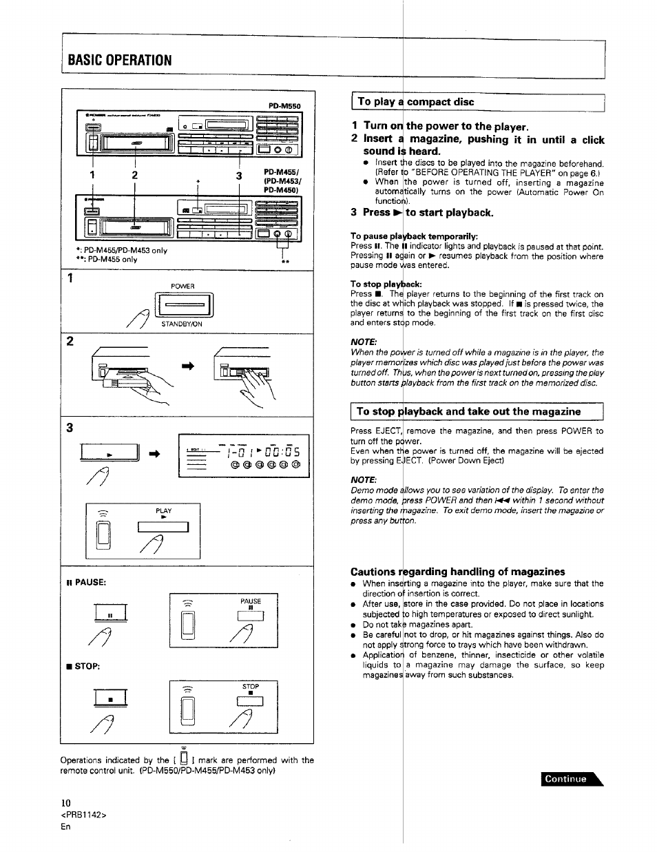 To play a compact disc, Turn on insert sound, Press | To start playback, To stop i: layback and take out the magazine, Cautions, Regarding handling of magazines, Сиз j /5 | Pioneer PD-M550 User Manual | Page 10 / 20