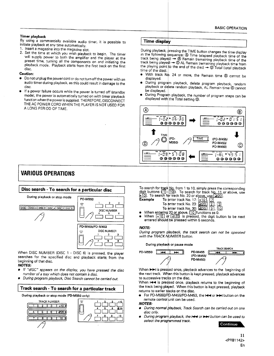 Time displa, Track search - to search for a particular track, B, [1 ,[1], e3 | Time display, Disc search - to search for a particular disc, Bf b, [1 | Pioneer PD-M550 User Manual | Page 11 / 20