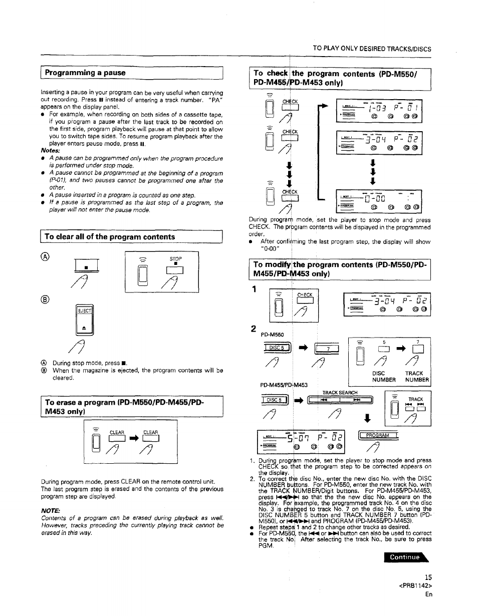 Programming a pause, To clear all of the program contents, To check pd-m455 | The program contents (pd-m550/ pd-m4b3 only), 3 - o p p - m | Pioneer PD-M550 User Manual | Page 15 / 20