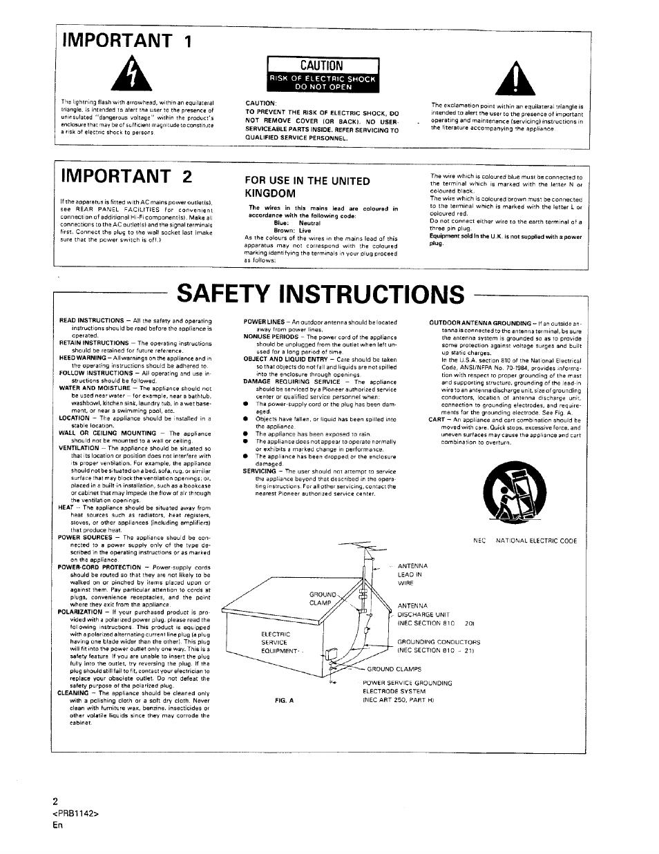 F caution i, Safety instructions, Important 1 | Important 2, For use in the united kingdom | Pioneer PD-M550 User Manual | Page 2 / 20