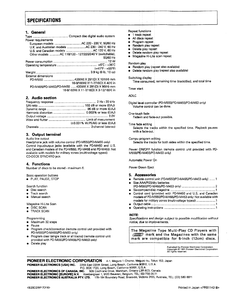 Accessories | Pioneer PD-M550 User Manual | Page 20 / 20