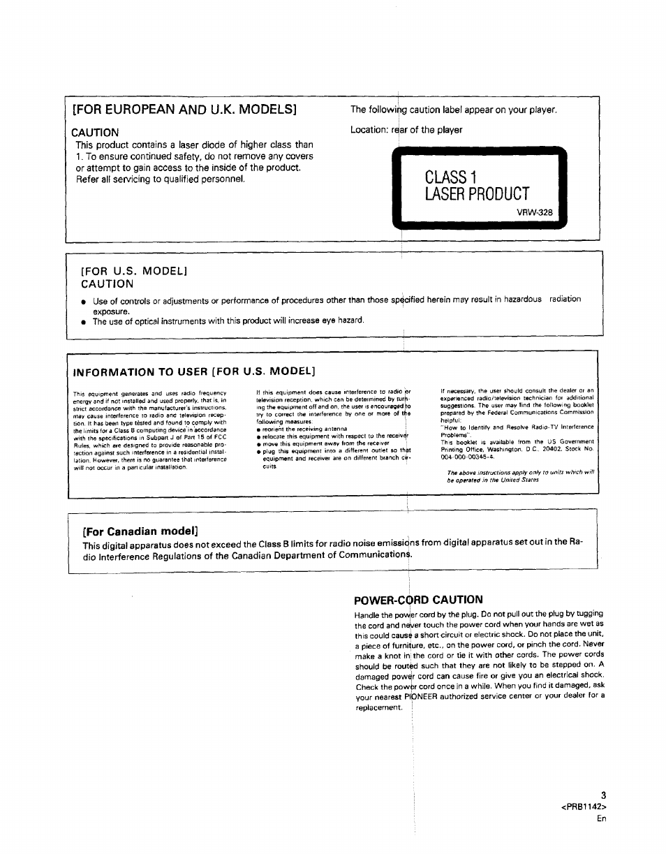 For european and u.k, models, Caution, For u.s. model | Information to user [fob u.s. model, For canadian model, Power-cqrd caution, For european and u.k, models] caution, For u.s. model] caution | Pioneer PD-M550 User Manual | Page 3 / 20