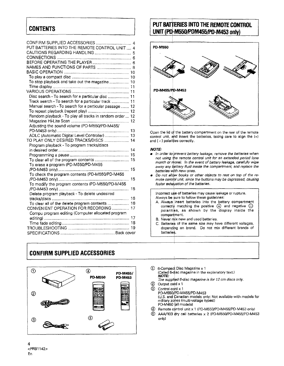 Put batiferles into the remote control unit, Only) | Pioneer PD-M550 User Manual | Page 4 / 20
