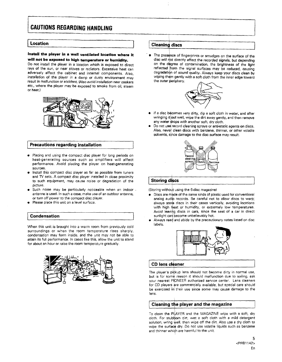 Location, Precautions regarding installation, Condensation | Cleaning, Discs, Cautions regarding handling | Pioneer PD-M550 User Manual | Page 5 / 20