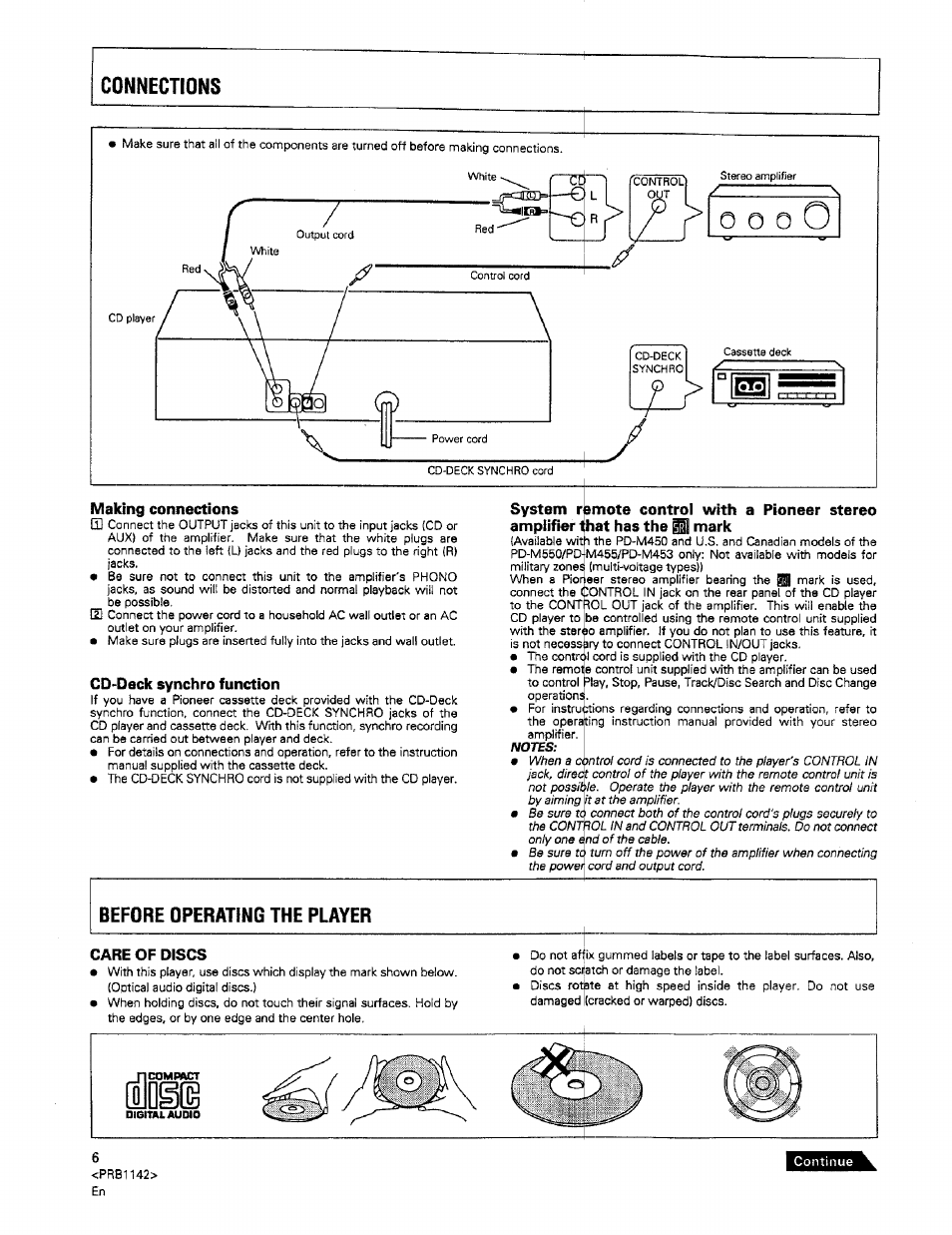 О о о о, Making connections, Cd'deck synchro function | Care of discs | Pioneer PD-M550 User Manual | Page 6 / 20