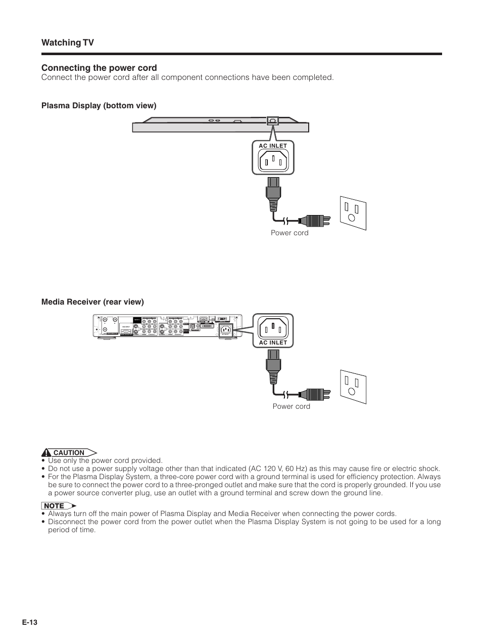 Connecting the power cord, Watching tv, E-13 | Power cord, Ac inlet | Pioneer PDP-5030HD User Manual | Page 16 / 71