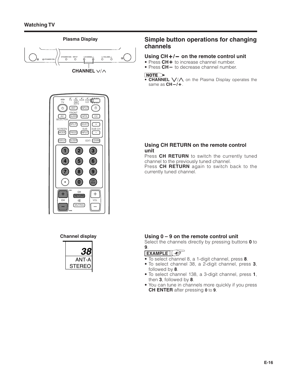 Simple button operations for changing channels, Watching tv, Using ch return on the remote control unit | Plasma display channel display, Channel | Pioneer PDP-5030HD User Manual | Page 19 / 71