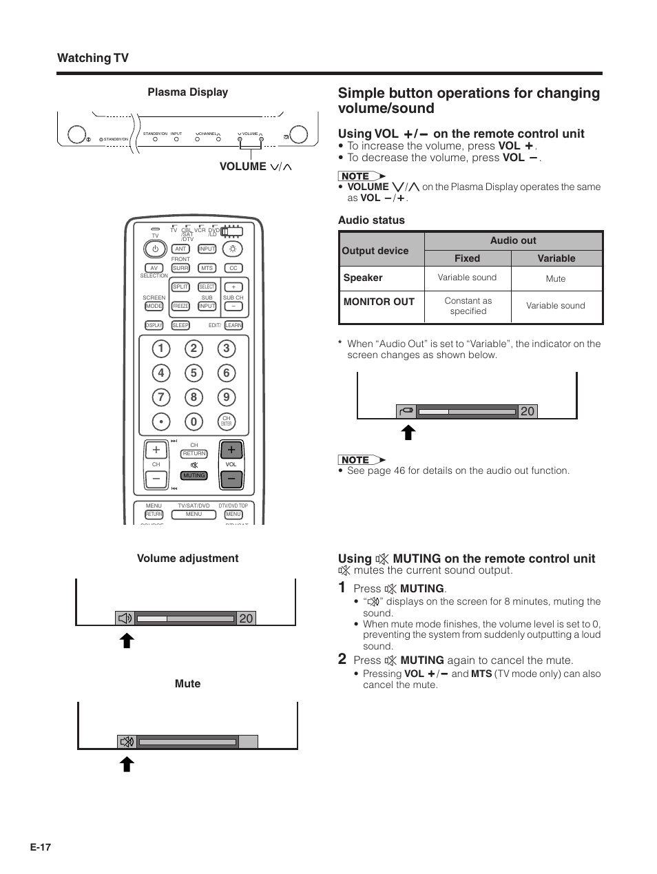 Simple button operations for changing volume/sound, Using e muting on the remote control unit, Watching tv | Plasma display volume adjustment mute, E mutes the current sound output, Press e muting, Press e muting again to cancel the mute, Volume, Audio status | Pioneer PDP-5030HD User Manual | Page 20 / 71