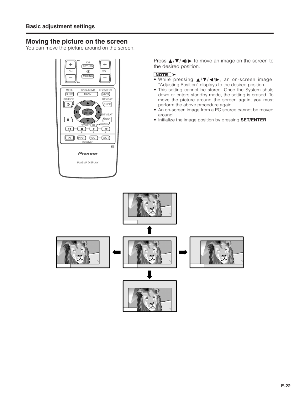 Moving the picture on the screen, Basic adjustment settings, E-22 | Pioneer PDP-5030HD User Manual | Page 25 / 71