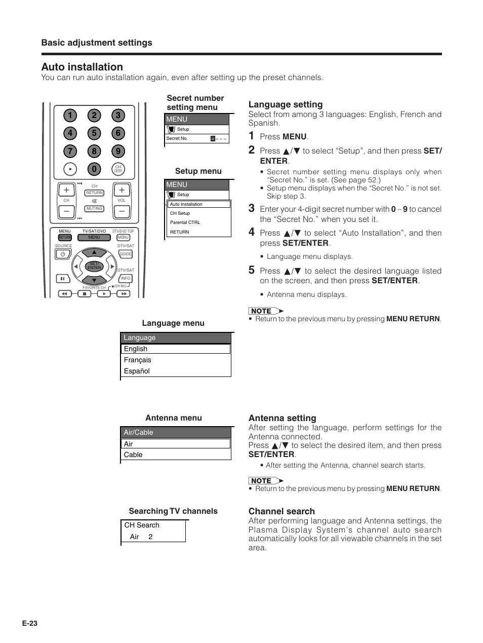 Auto installation, Basic adjustment settings, Language setting | Antenna setting, Channel search | Pioneer PDP-5030HD User Manual | Page 26 / 71