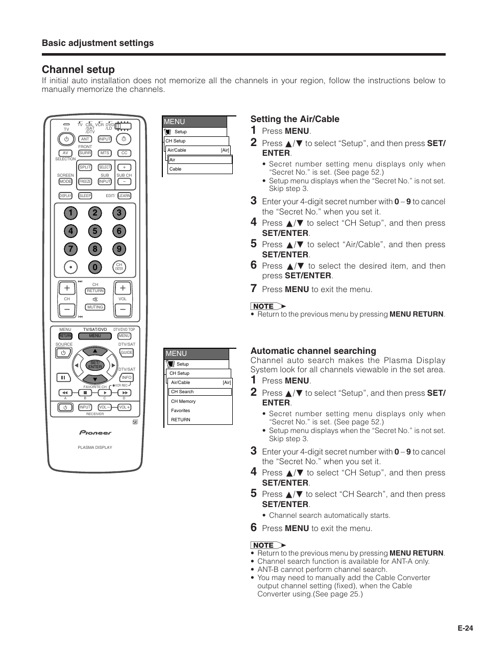 Channel setup, Basic adjustment settings setting the air/cable, Automatic channel searching | Press menu, Press menu to exit the menu | Pioneer PDP-5030HD User Manual | Page 27 / 71