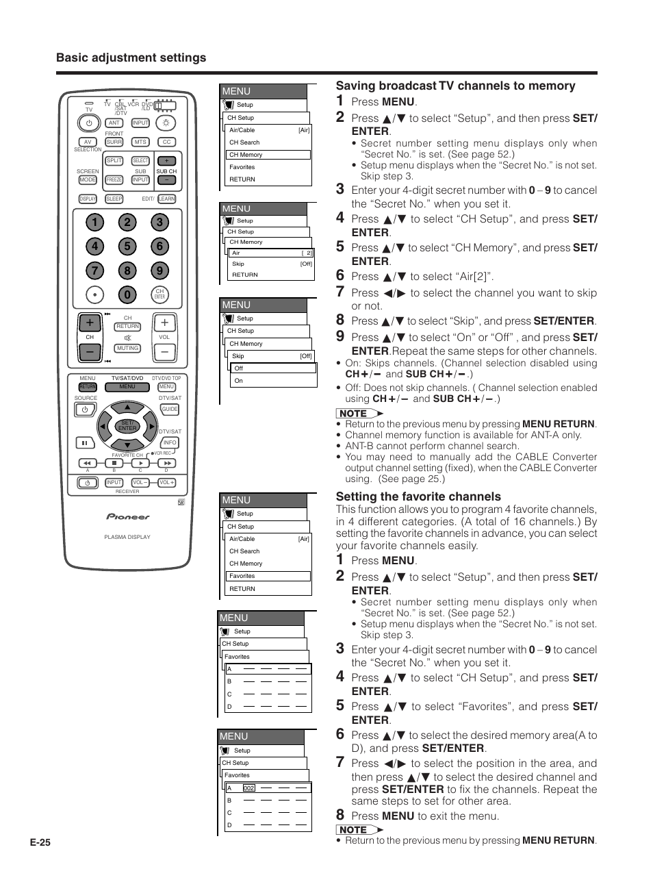 Setting the favorite channels, Press menu, Press a/b to select “air[2 | Press a/b to select “skip”, and press set/enter, Press menu to exit the menu | Pioneer PDP-5030HD User Manual | Page 28 / 71