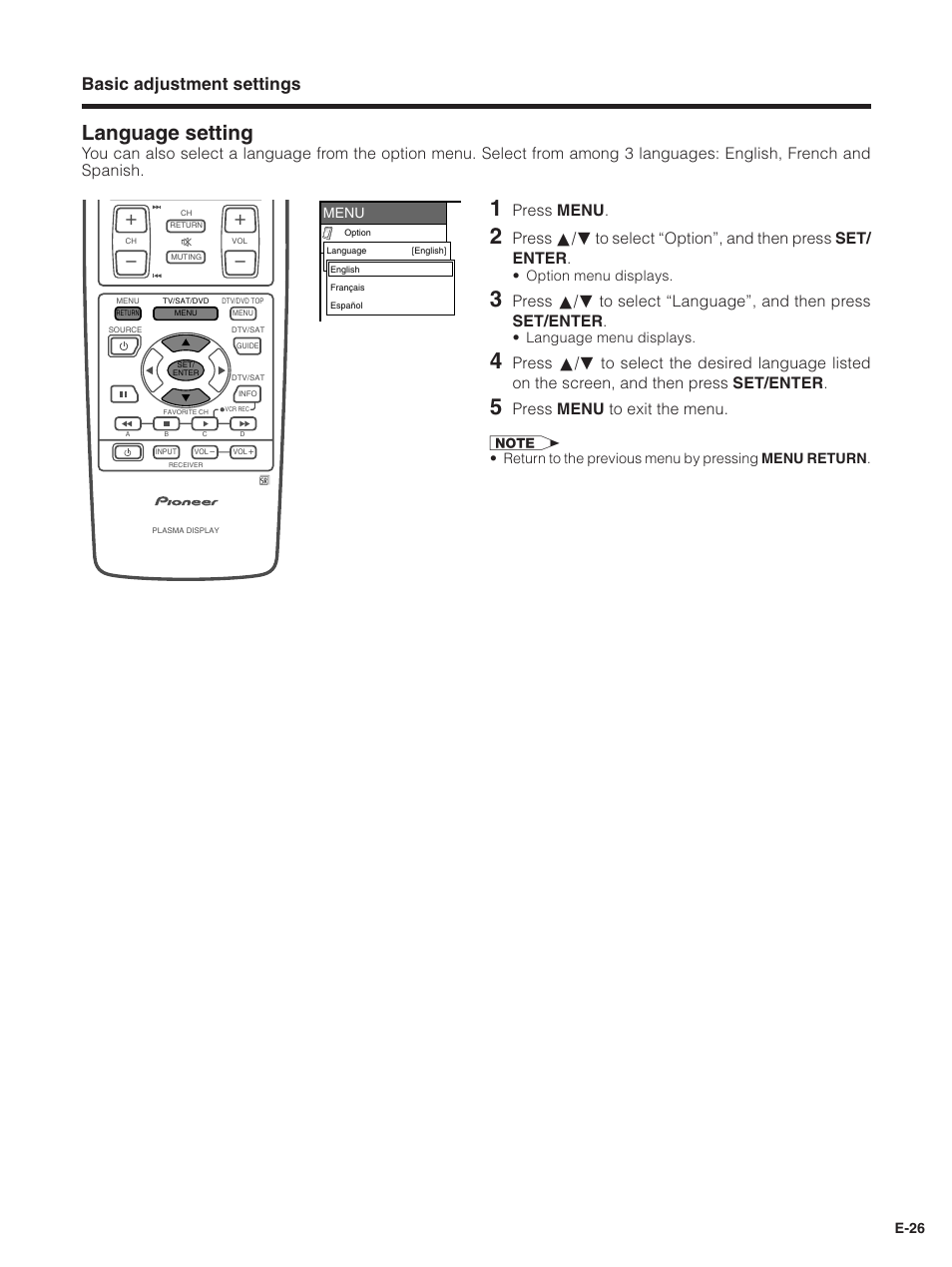 Language setting, Basic adjustment settings, Press menu | Press menu to exit the menu | Pioneer PDP-5030HD User Manual | Page 29 / 71