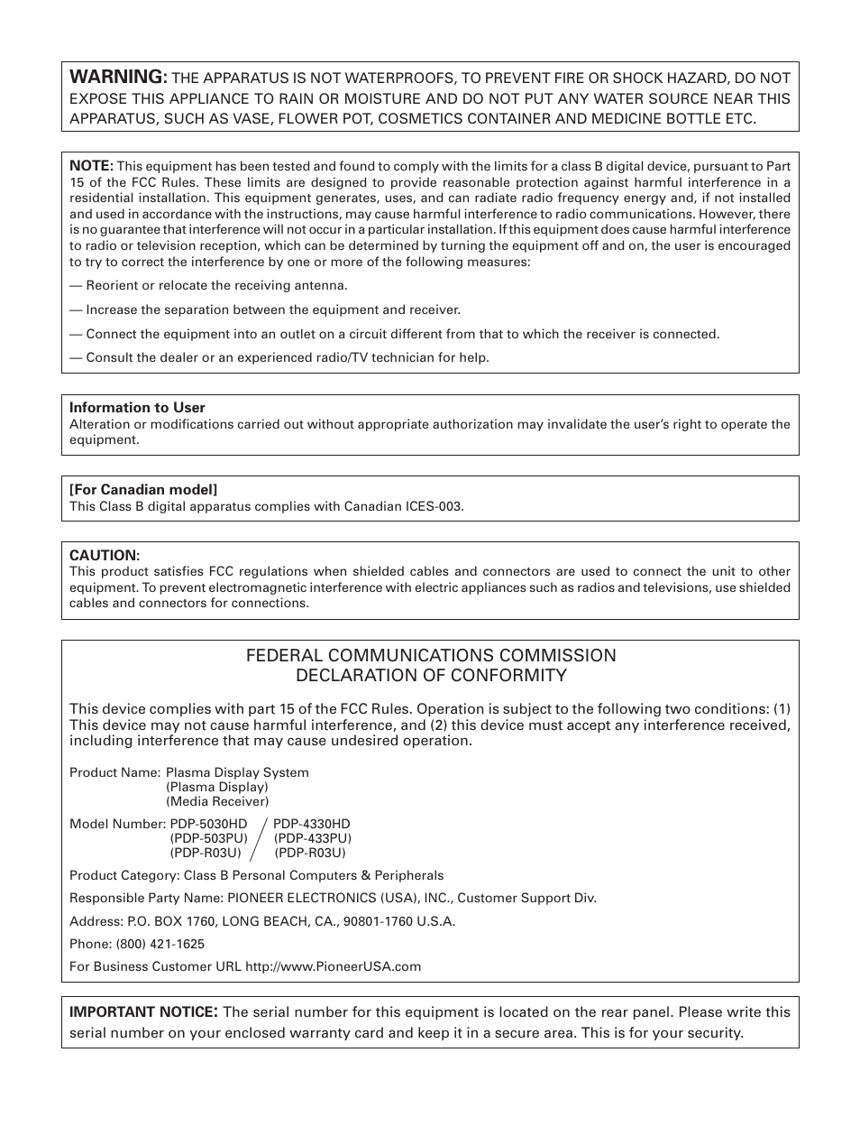 Warning | Pioneer PDP-5030HD User Manual | Page 3 / 71