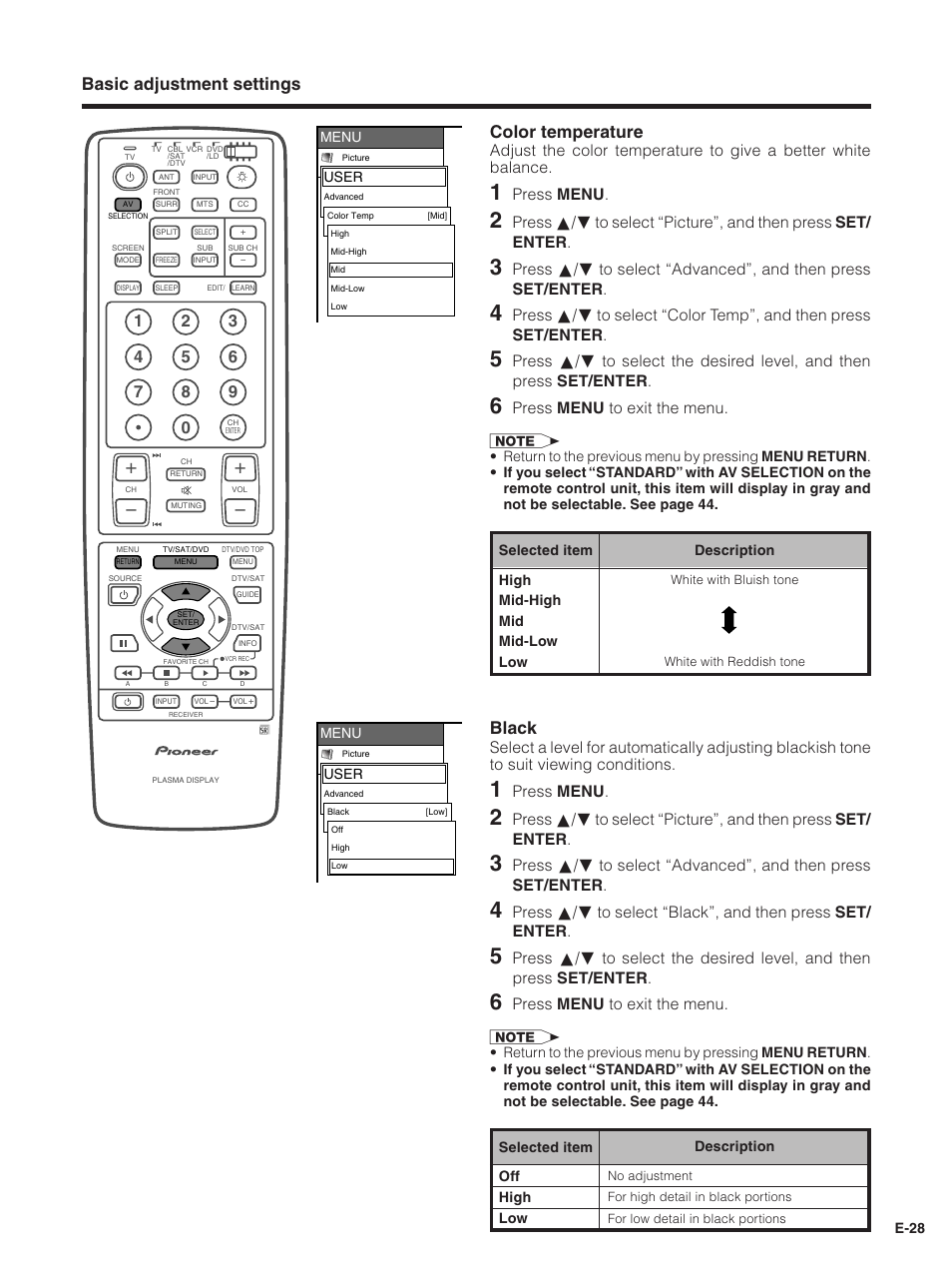 Basic adjustment settings black, Color temperature, Press menu | Press menu to exit the menu | Pioneer PDP-5030HD User Manual | Page 31 / 71