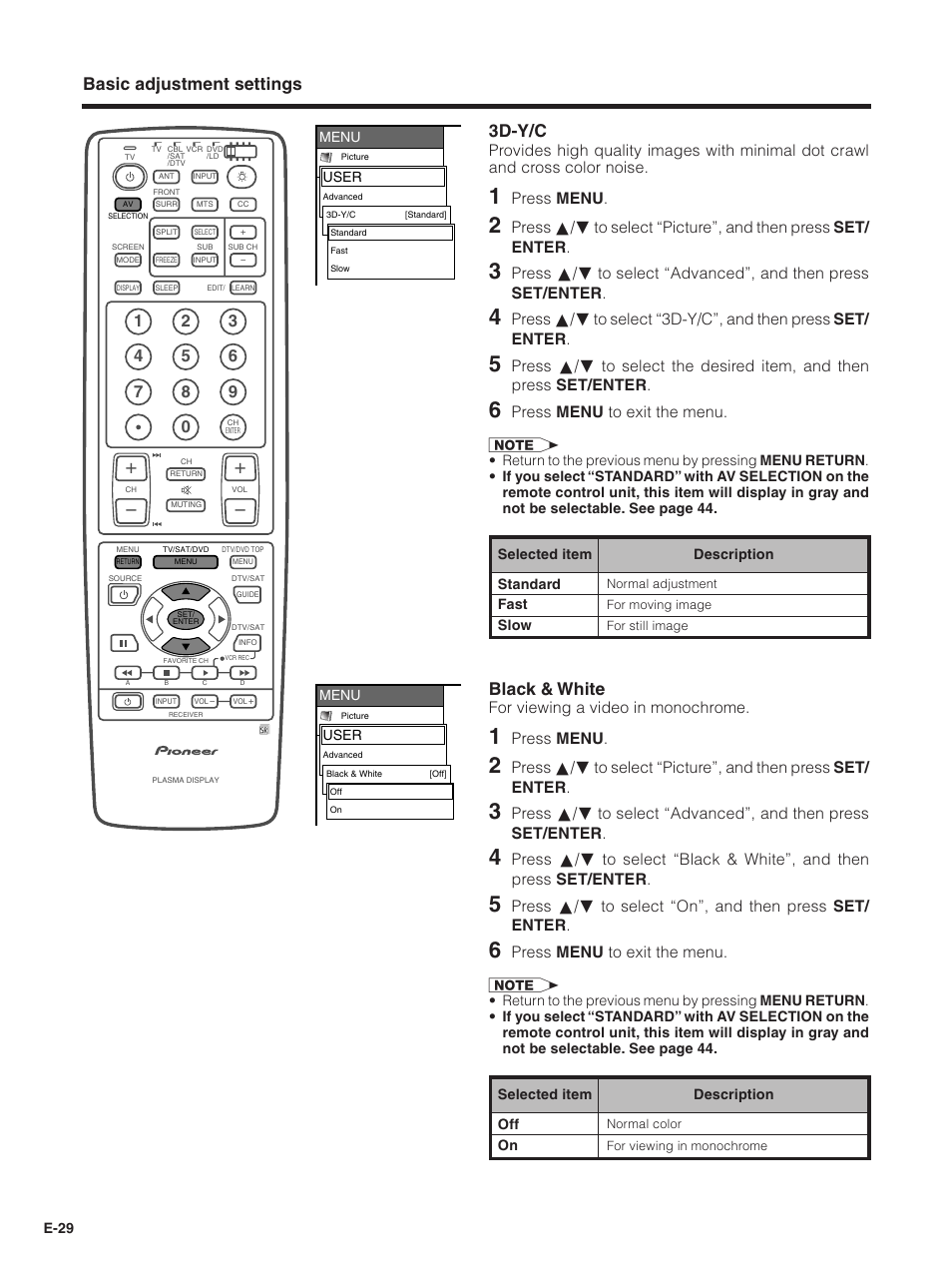 Basic adjustment settings 3d-y/c, Black & white, Press menu | Press menu to exit the menu, For viewing a video in monochrome | Pioneer PDP-5030HD User Manual | Page 32 / 71