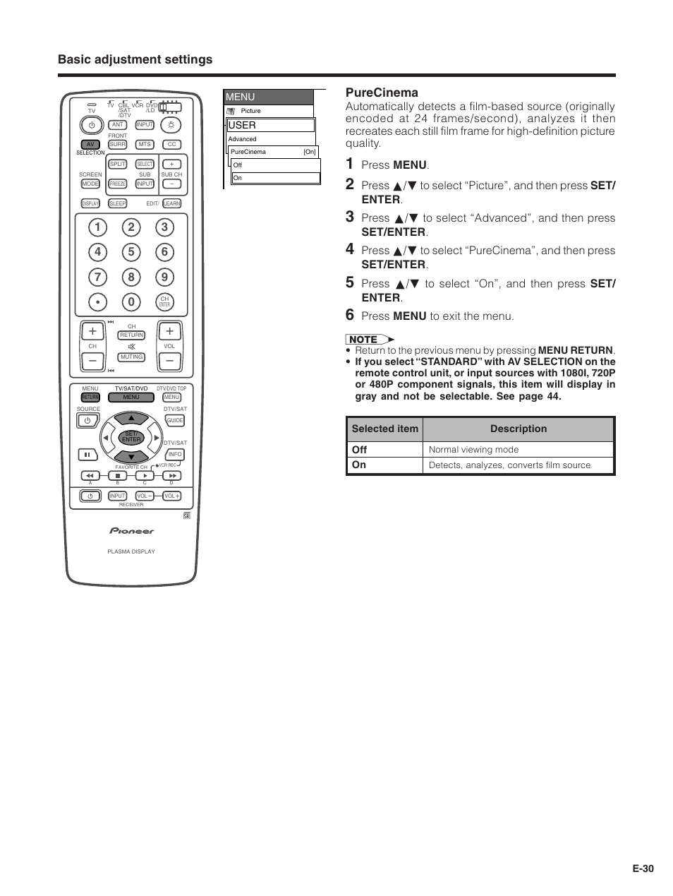 Basic adjustment settings purecinema, Press menu, Press menu to exit the menu | E-30 menu, User, Selected item off on | Pioneer PDP-5030HD User Manual | Page 33 / 71