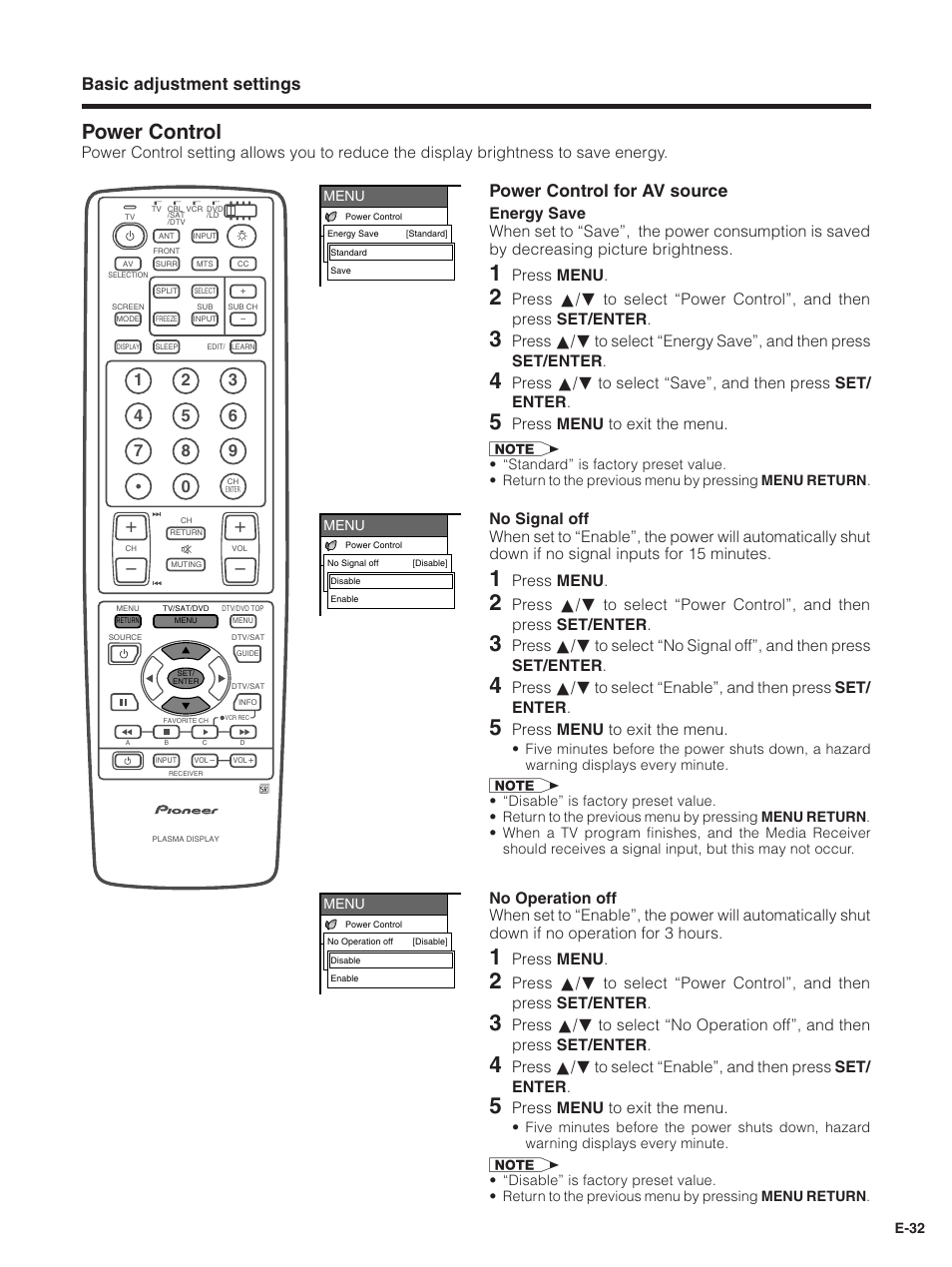 Power control, Basic adjustment settings, Power control for av source | Press menu, Press menu to exit the menu | Pioneer PDP-5030HD User Manual | Page 35 / 71