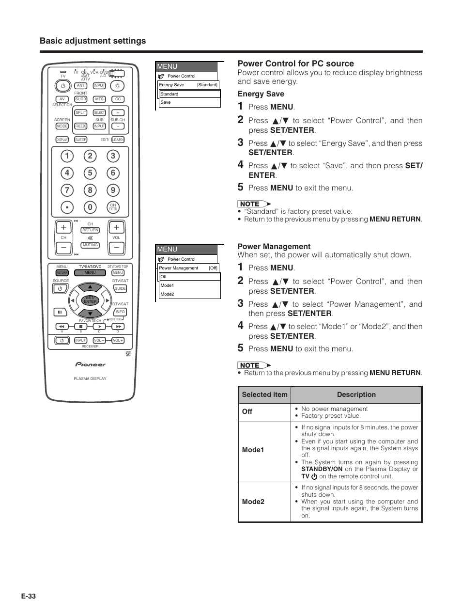 Basic adjustment settings, Power control for pc source, Press menu | Press menu to exit the menu | Pioneer PDP-5030HD User Manual | Page 36 / 71