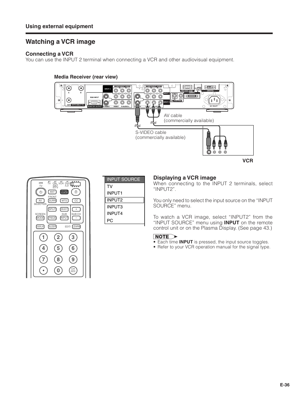 Watching a vcr image, Using external equipment, Connecting a vcr | Displaying a vcr image, Media receiver (rear view) vcr, E-36 | Pioneer PDP-5030HD User Manual | Page 39 / 71