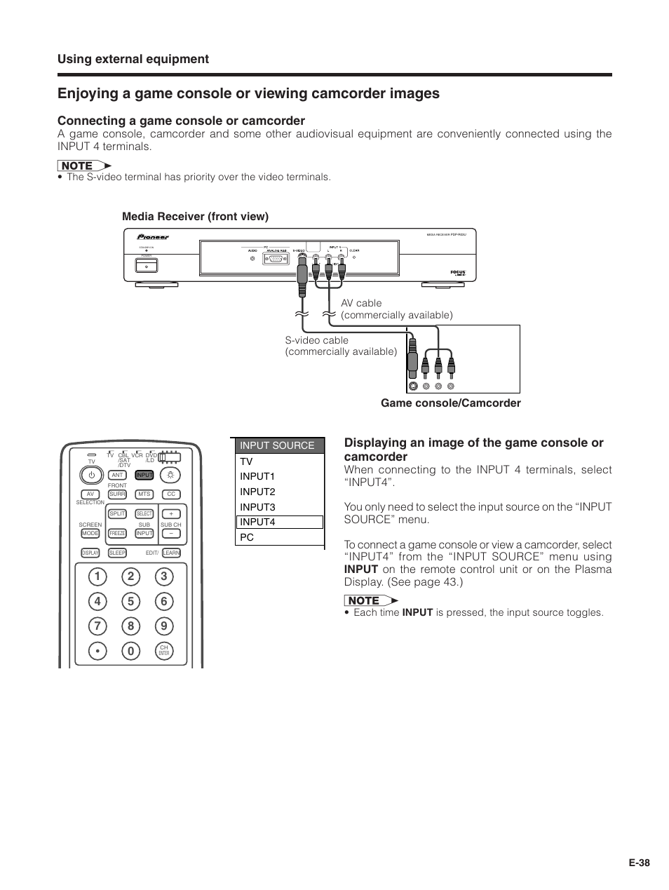 Using external equipment, Connecting a game console or camcorder, Media receiver (front view) game console/camcorder | Pioneer PDP-5030HD User Manual | Page 41 / 71