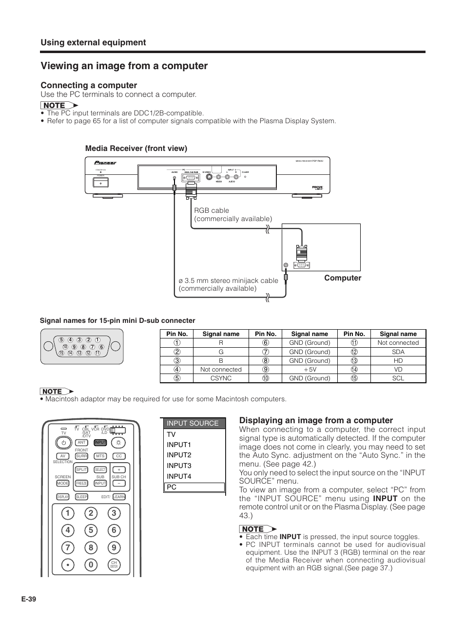 Viewing an image from a computer, Using external equipment, Connecting a computer | Displaying an image from a computer, Media receiver (front view), Computer, Use the pc terminals to connect a computer. a | Pioneer PDP-5030HD User Manual | Page 42 / 71