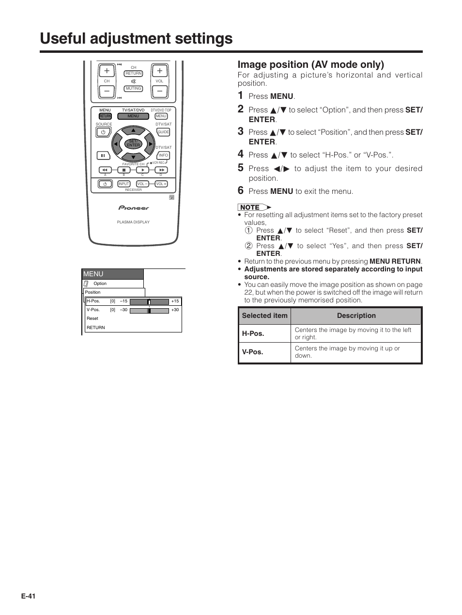 Useful adjustment settings, Image position (av mode only), Press menu | Press a/b to select “h-pos.” or “v-pos, Press menu to exit the menu | Pioneer PDP-5030HD User Manual | Page 44 / 71