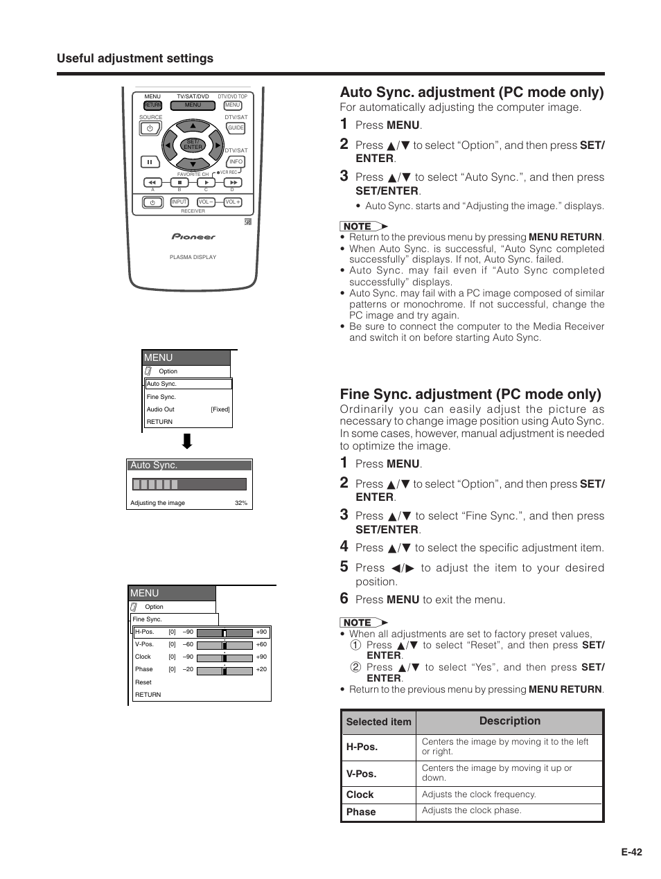 Fine sync. adjustment (pc mode only), Auto sync. adjustment (pc mode only), Useful adjustment settings | Press menu, Press a/b to select the specific adjustment item, Press menu to exit the menu, Description, For automatically adjusting the computer image | Pioneer PDP-5030HD User Manual | Page 45 / 71