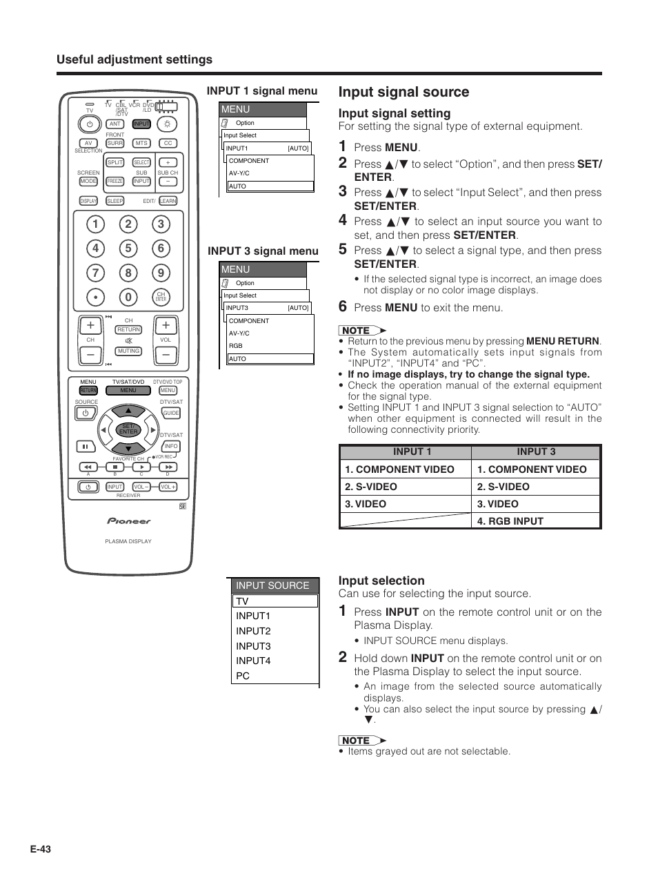 Input signal source, Useful adjustment settings, Input selection | Input signal setting, Input 1 signal menu input 3 signal menu, Can use for selecting the input source, For setting the signal type of external equipment, Press menu, Press menu to exit the menu | Pioneer PDP-5030HD User Manual | Page 46 / 71