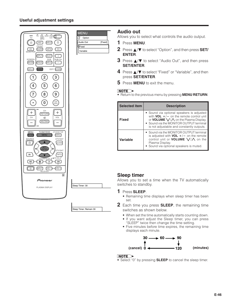 Sleep timer, Audio out, Useful adjustment settings | Press sleep, Press menu, Press menu to exit the menu | Pioneer PDP-5030HD User Manual | Page 49 / 71