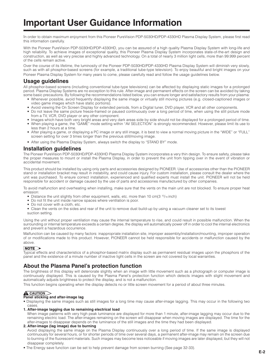 Important user guidance information, Usage guidelines, Installation guidelines | About the plasma panel’s protection function | Pioneer PDP-5030HD User Manual | Page 5 / 71