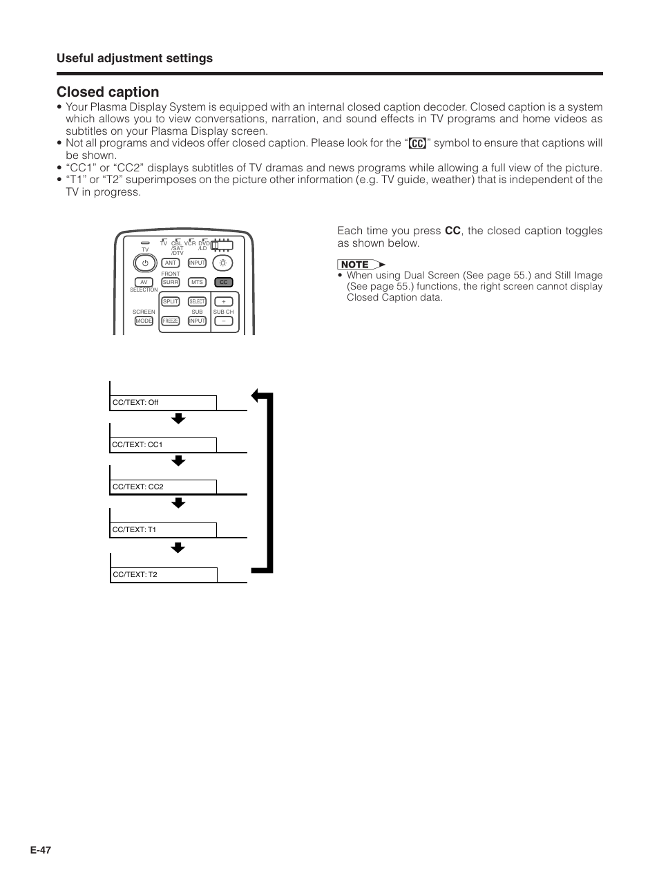 Closed caption, Useful adjustment settings, E-47 | Pioneer PDP-5030HD User Manual | Page 50 / 71