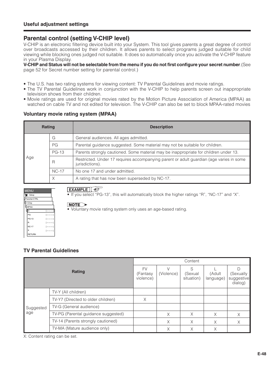 Parental control (setting v-chip level), Useful adjustment settings, Voluntary movie rating system (mpaa) | Tv parental guidelines | Pioneer PDP-5030HD User Manual | Page 51 / 71