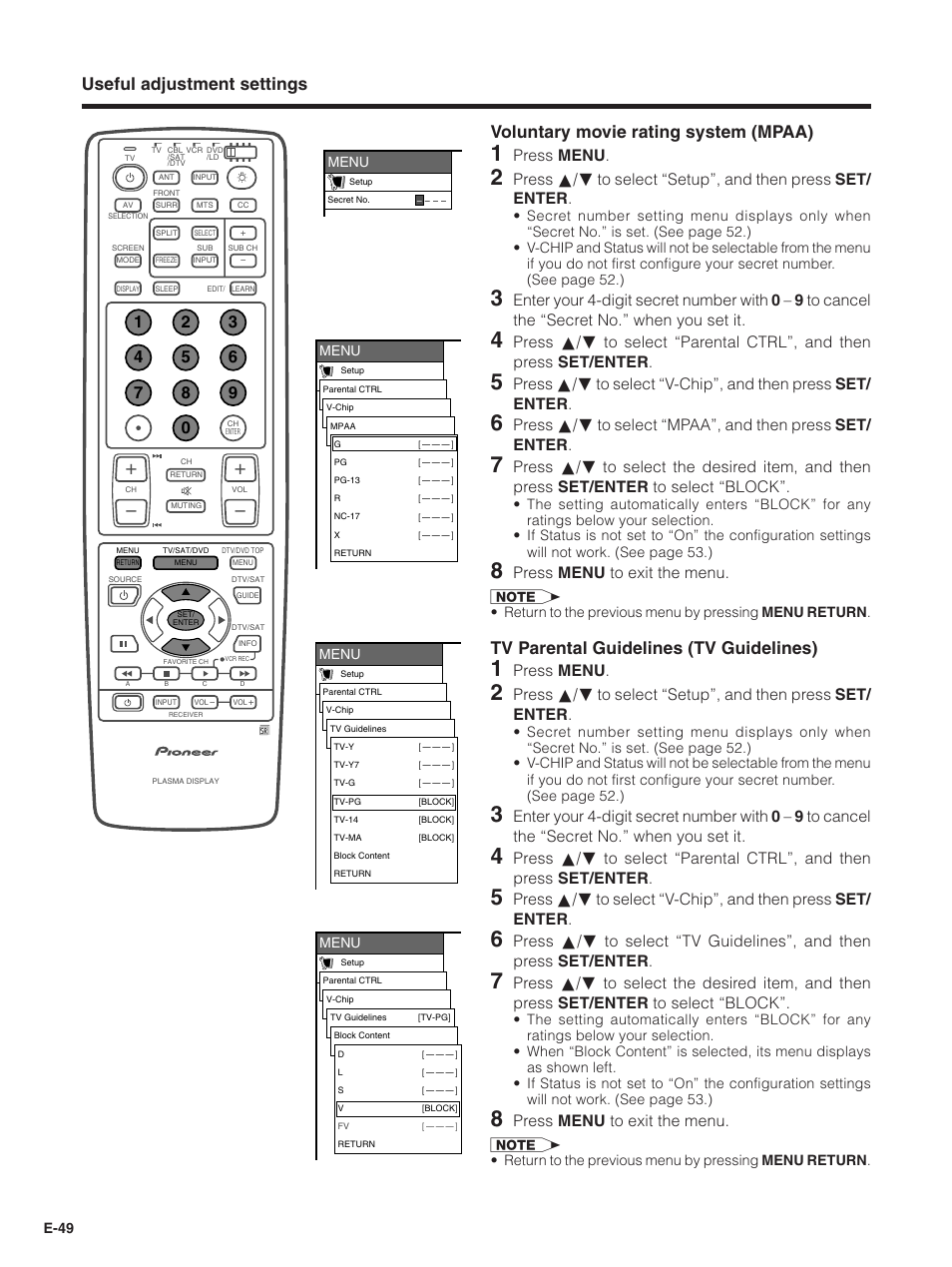 Tv parental guidelines (tv guidelines), Press menu, Press menu to exit the menu | Pioneer PDP-5030HD User Manual | Page 52 / 71