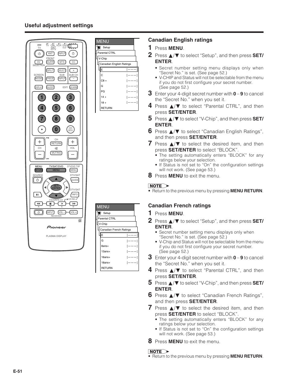 Canadian french ratings, Press menu, Press menu to exit the menu | Pioneer PDP-5030HD User Manual | Page 54 / 71