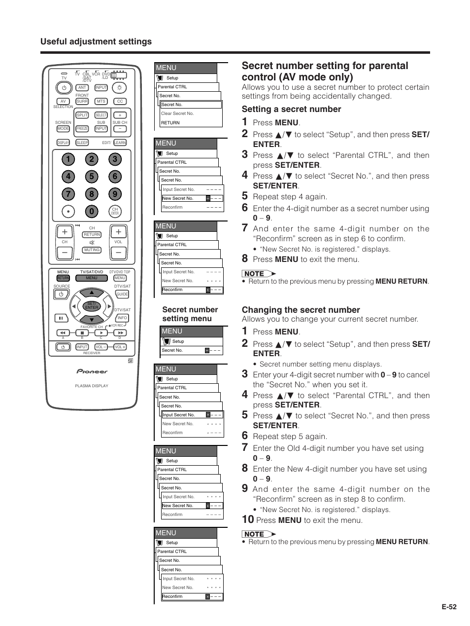 Useful adjustment settings, Setting a secret number, Changing the secret number | Press menu, Repeat step 4 again, Press menu to exit the menu, Secret number setting menu, Allows you to change your current secret number, Repeat step 5 again | Pioneer PDP-5030HD User Manual | Page 55 / 71