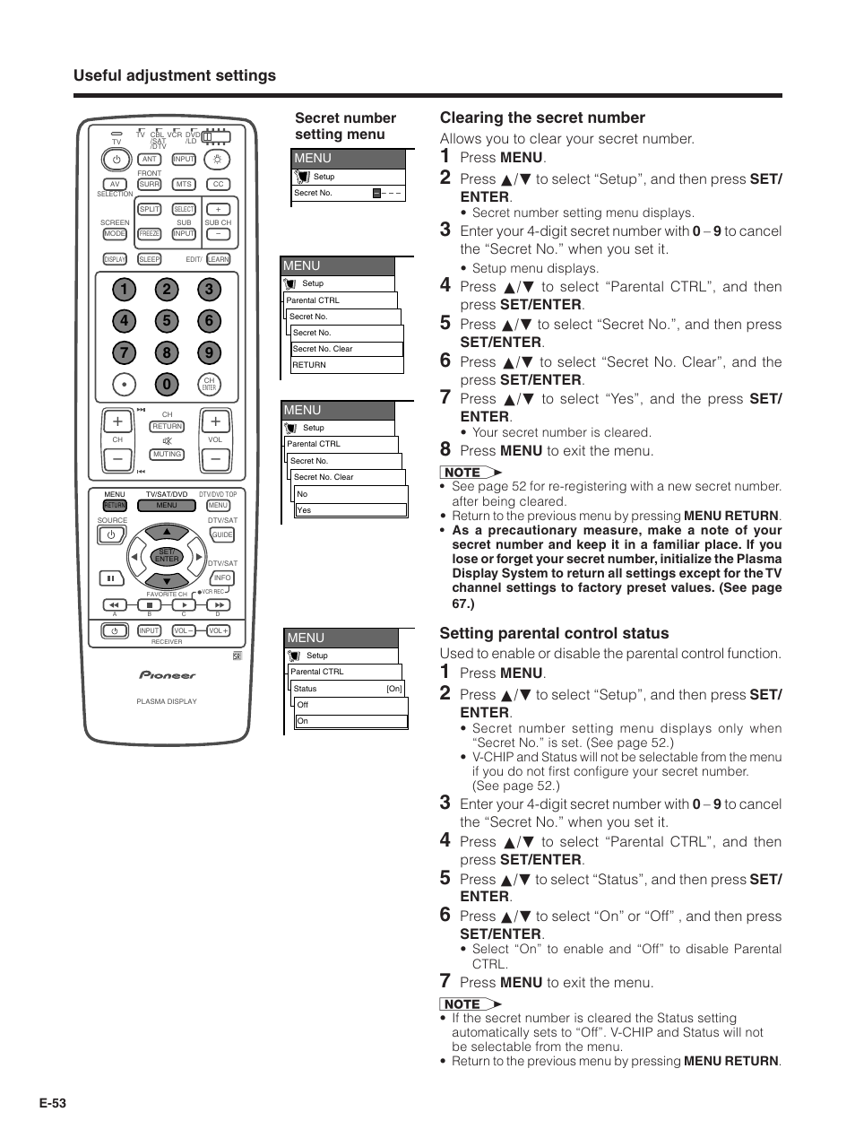 Setting parental control status, Allows you to clear your secret number, Press menu | Press menu to exit the menu, Secret number setting menu | Pioneer PDP-5030HD User Manual | Page 56 / 71