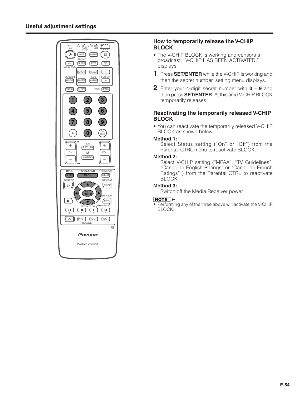 Reactivating the temporarily released v-chip block, E-54 | Pioneer PDP-5030HD User Manual | Page 57 / 71