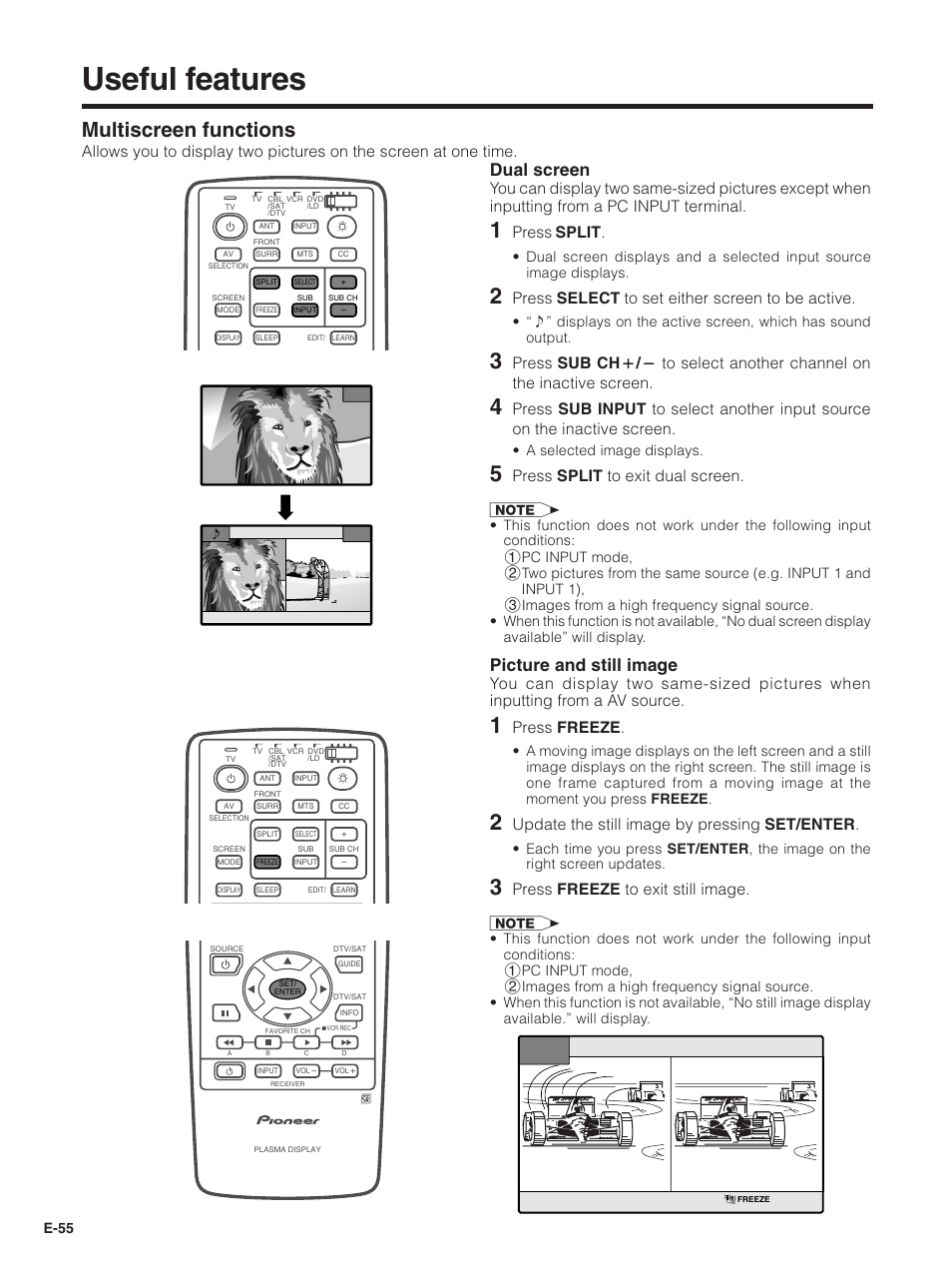 Useful features, Multiscreen functions, Picture and still image | Dual screen, Press freeze, Update the still image by pressing set/enter, Press freeze to exit still image, Press split, Press select to set either screen to be active, Press split to exit dual screen | Pioneer PDP-5030HD User Manual | Page 58 / 71