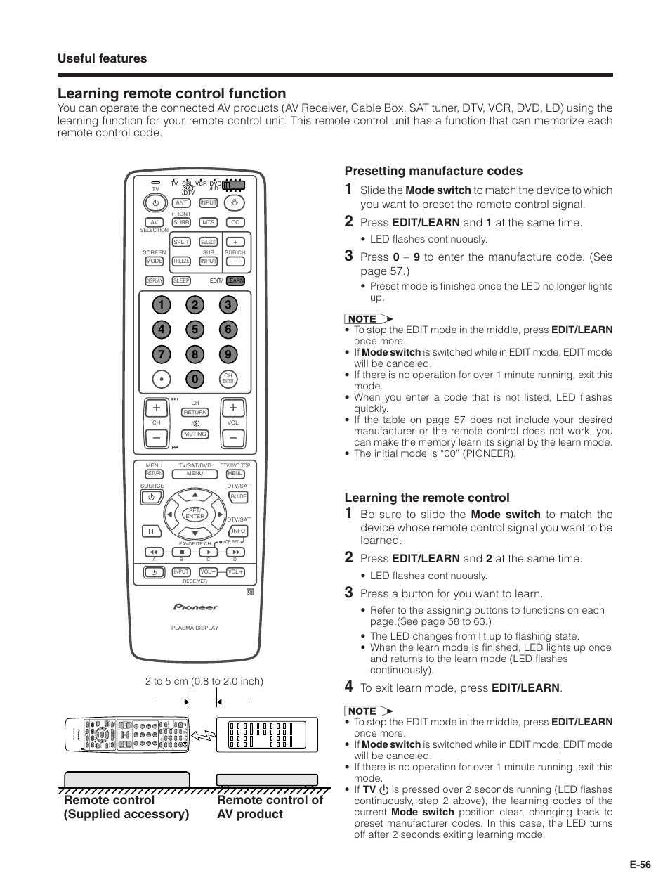 Learning remote control function, Useful features, Presetting manufacture codes | Learning the remote control, Press edit/learn and 1 at the same time, Press edit/learn and 2 at the same time, Press a button for you want to learn | Pioneer PDP-5030HD User Manual | Page 59 / 71